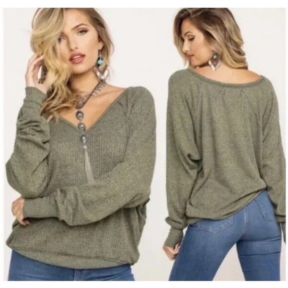 FREE PEOPLE Womens Santa Clara V-Neck Thermal Sweater Top Ferngully Size XS - Picture 1 of 13